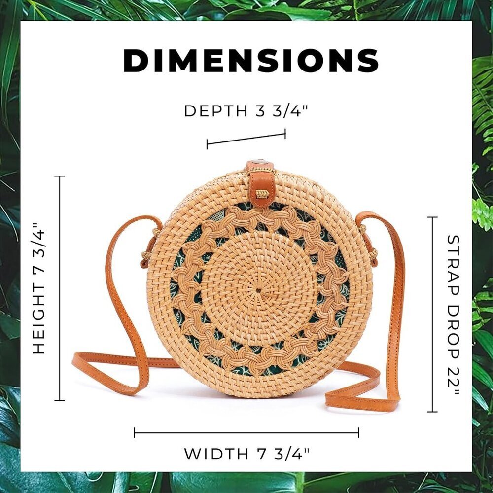 Round Rattan Bag for Women - Handmade Straw Bags - Wicker Purse - Brown White Ci - Picture 5 of 6